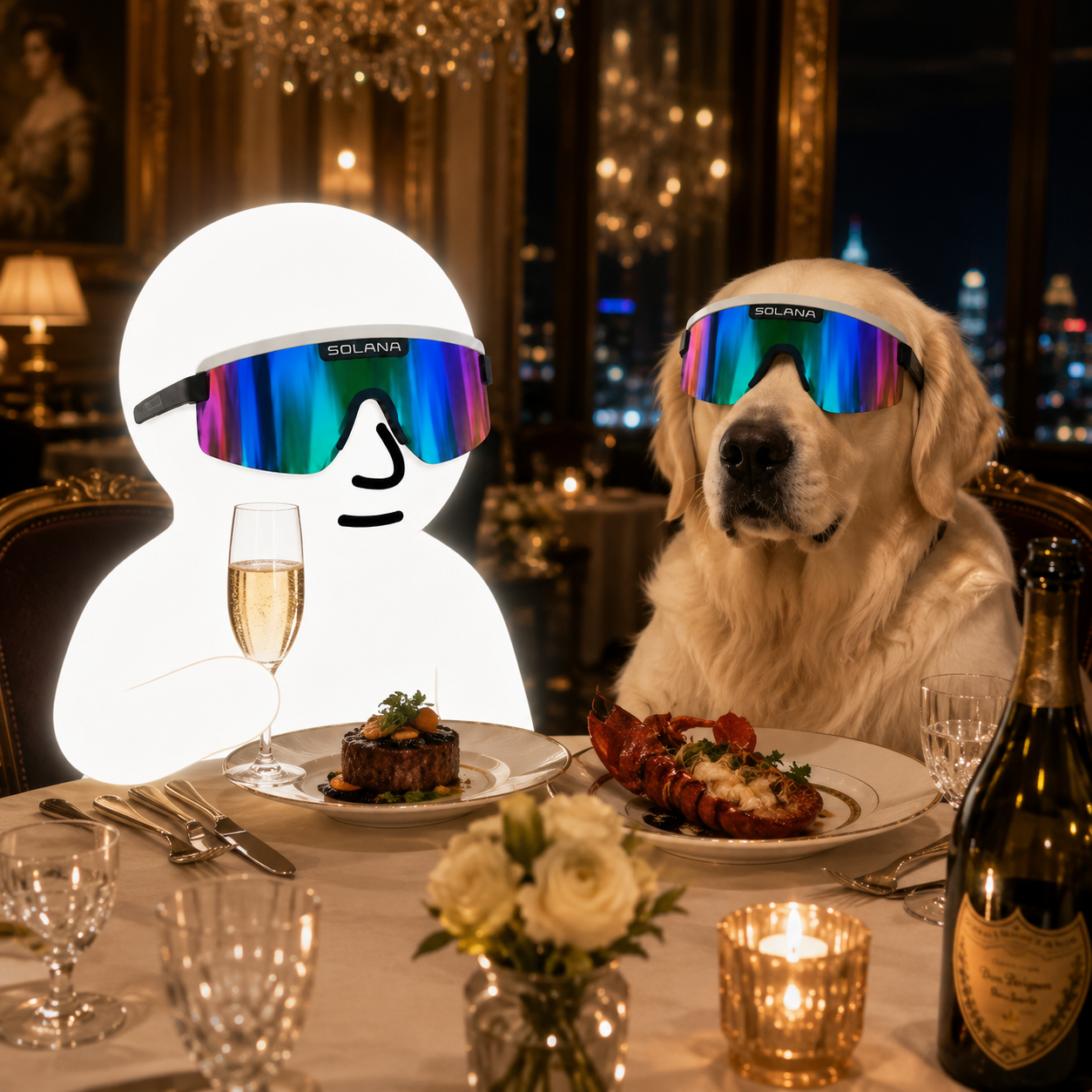 Moglet and his golden retriever enjoying a fancy dinner with champagne and lobster