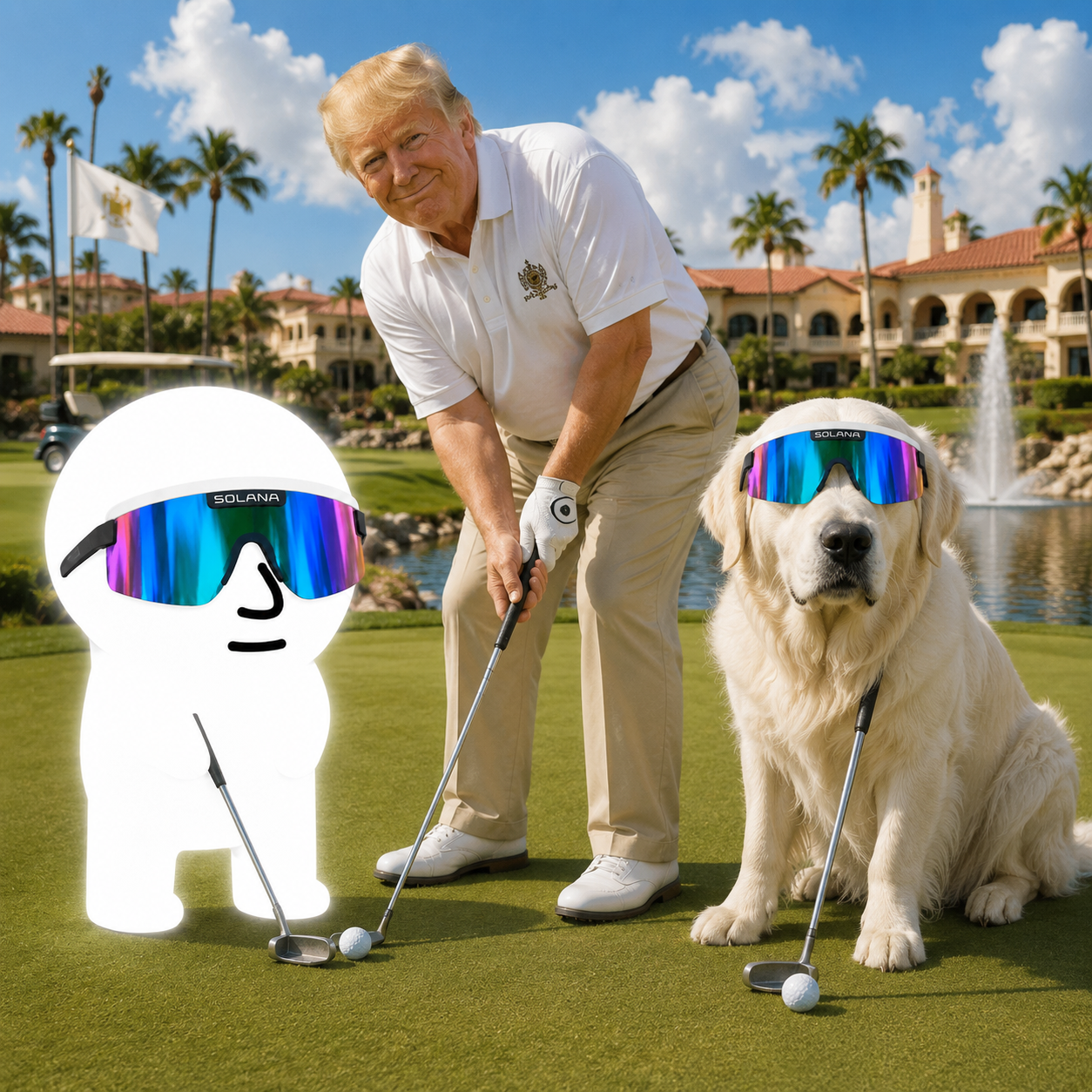 Moglet and his golden retriever playing golf at a fancy resort