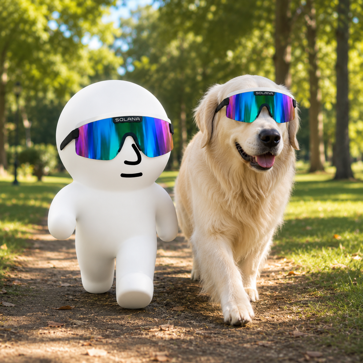 Moglet the white blob and his golden retriever walking through the park wearing Solana sunglasses