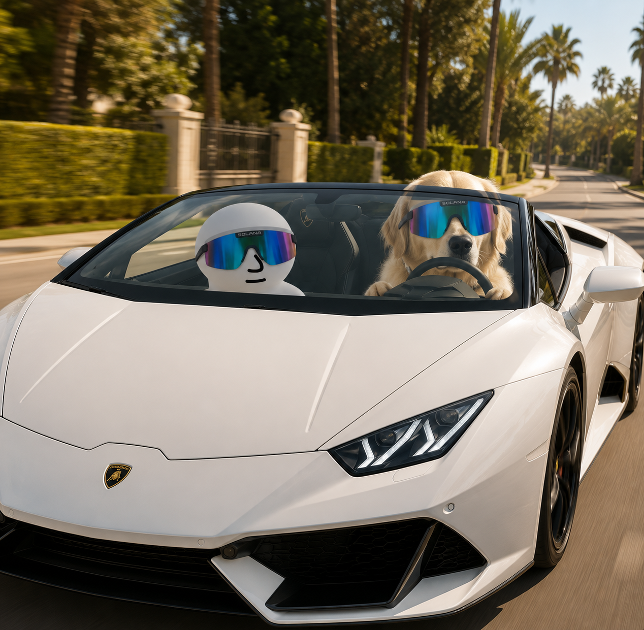 Moglet and his golden retriever cruising in a white Lamborghini