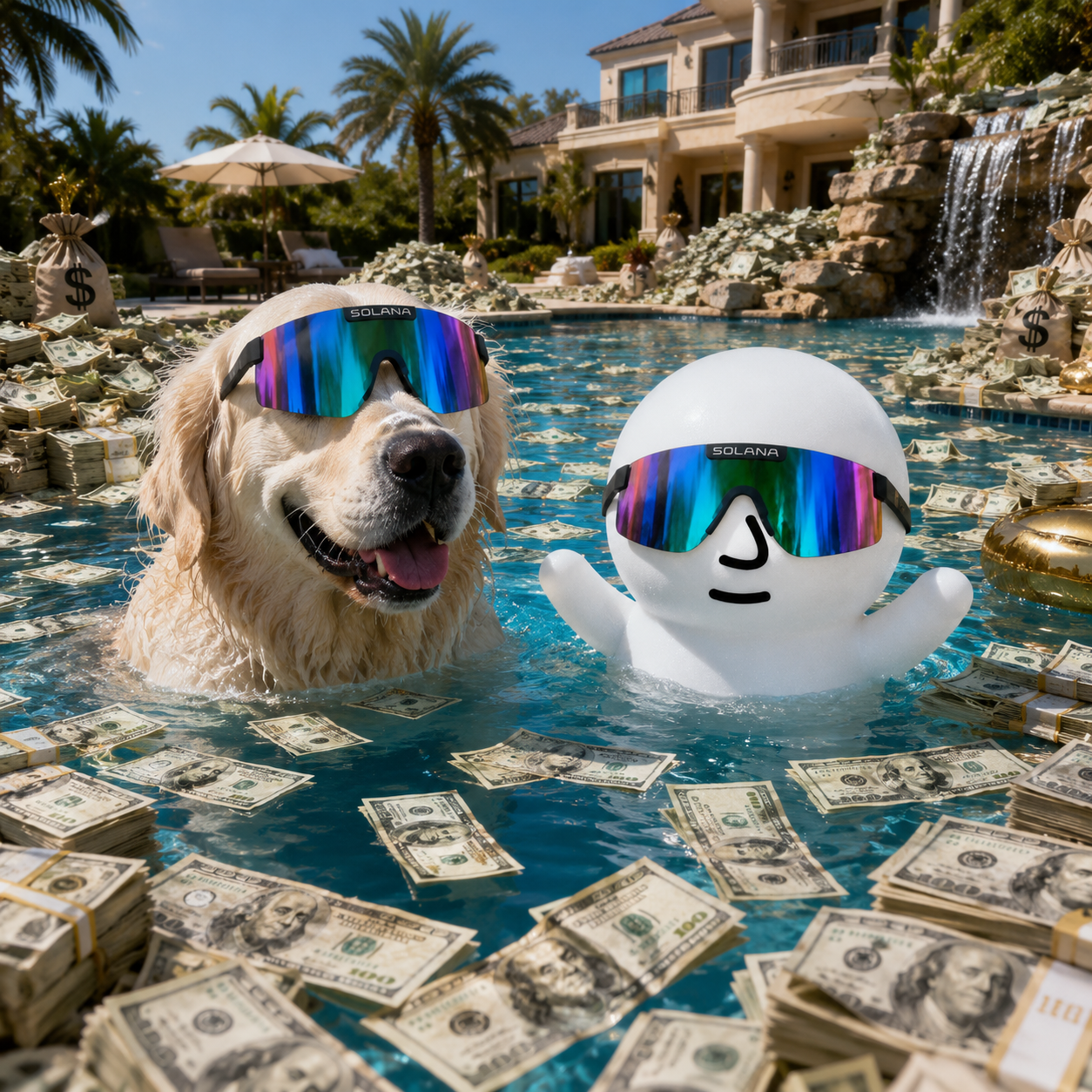 Moglet and his golden retriever swimming in a pool full of money at a mansion
