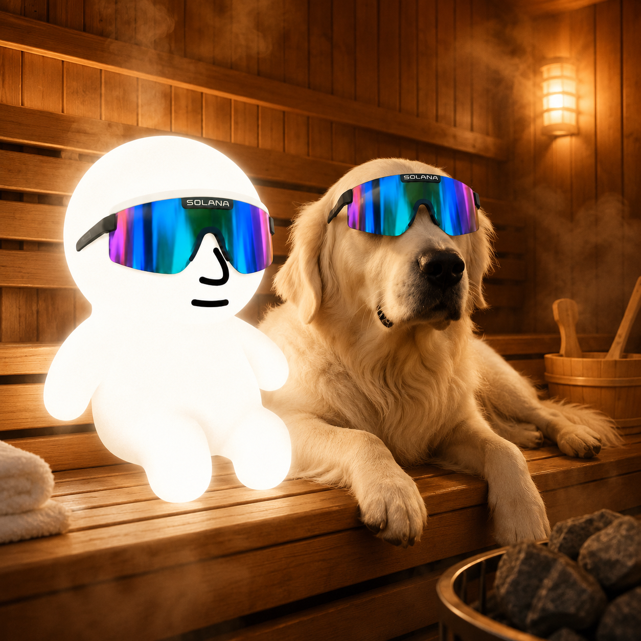 Moglet and his golden retriever relaxing in a sauna